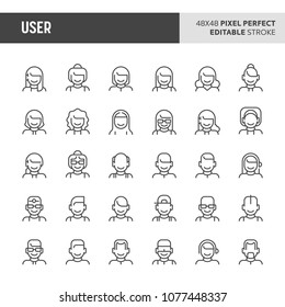 30 Thin Line Icons Associated With Users And Avatar With Different Types Of Faces And Hair Of People Are Included In This Set. 48x48 Pixel Perfect Vector Icon With Editable Stroke.