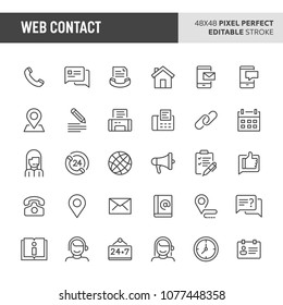 30 thin line icons associated with website & internet contact. Symbols such as contact method, contact status & location are included in this set. 48x48 pixel perfect vector icon, editable stroke.