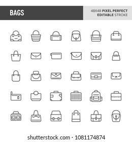 30 thin line icons associated with bags. Symbols such as fashion, office and traveller bag are included in this set. 48x48 pixel perfect vector icon & editable vector..