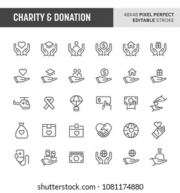 30 thin line icons associated with charity & donation. Symbols such as giving money, donating, caring and helping are included in this set. 48x48 pixel perfect vector icon & editable vector.