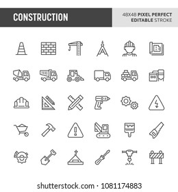 30 thin line icons associated with construction. Symbols such as crane, working tools, transportation and construction sign are included in this set. 48x48 pixel perfect vector icon & editable vector.