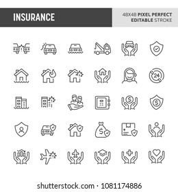 30 Thin Line Icons Associated With Insurance. Symbols Such As Car, House, Business And Personal Life Insurance Are Included In This Set. 48x48 Pixel Perfect Vector Icon & Editable Vector..