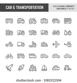 30 Thin Line Icons Associated With Car & Transportation. Symbols Such As Bus, Truck, Van And Other Light And Heavy Vehicle Are Included In This Set. 48x48 Pixel Perfect Vector Icon & Editable Vector.