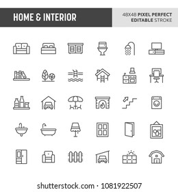 30 thin line icons associated with home & interior. Symbols such as home furniture, types of room and home appliances are included in this set. 48x48 pixel perfect vector icon & editable vector.