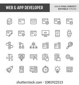 30 thin line icons associated with web & app developer. Symbols such as code editor and other programming related items are included in this set. 48x48 pixel perfect vector icon & editable vector.
