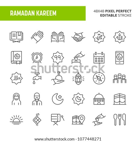 30 thin line icons associated with Ramadan. Symbols such as charity and other islamic and ramadan related objects are included in this set. 48x48 pixel perfect vector icon with editable stroke.