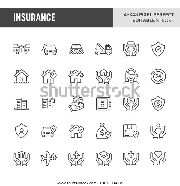 30 thin line icons associated with insurance.\
Symbols such as car, house, business and personal life insurance\
are included in this set. 48x48 pixel perfect vector icon &\
editable vector..