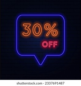 30%. thirty percent off. neon style. Sale of special offers. A neon style balloon ad for a shopping day retail advertising campaign. bricks background. vector illustration