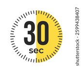 30 or thirty second Timer, clock, stopwatch isolated icons. Countdown timer symbol. Label cooking time. Minute timer, Time measure, Chronometer, Alarm, Kitchen timer, label, sticker, stamp. Vector