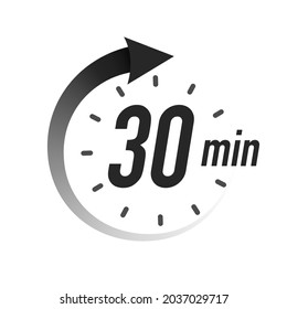 30 timer minutes symbol black style isolated on white background. Clock, stopwatch, cooking time label, sport icon. Vector 10 eps