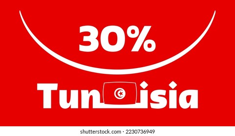 30% Tunisia sign label vector art illustration with visible font, stylized in white color on a red background