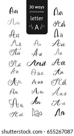 30 various A letters collection. Vector hand written graphic. Wide lettering elements set written with pen and brush in different styles for your design.