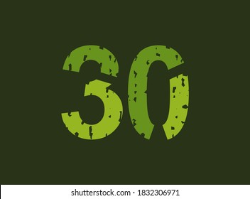 30 vector number made of grungy, grunge texture. Rubber stamp imprint style. For logo, brand label, poster, design elements etc.