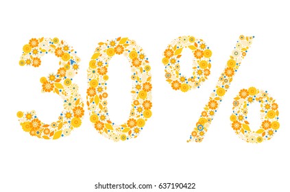 30% vector percentage number, consisting from flowers, leaves and dots on white background. Flat style elements. Perfect for sales, discount, retails. Sunny yellow, orange colors