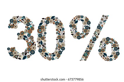 30% vector percentage number, consisting from flowers, leaves and dots on white background. Flat style elements. Perfect for sales, discount, retails. Trendy colors