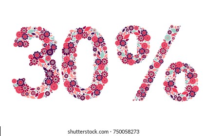 30% vector percentage number, consisting from flowers, leaves and dots on white background. Flat style elements. Perfect for sales, discount, retails. Pink, magenta, blue-green, lilac colors