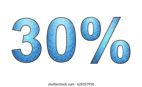 30% vector percentage number from denim material, jeans texture. Sale and discount elements for design