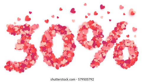 30% vector percentage number made from pink and red confetti hearts