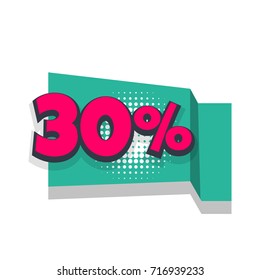 30% Vector sale banner. Pop art discount percentage illustration. Origami paper comic text funny numbers. Advertising halftone business promo template. Commerce sticker badge. Season retail concept