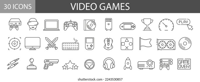 30 Juego de iconos de videojuegos. Géneros y atributos de juego. Líneas con trazo editable. Iconos vectoriales aislados