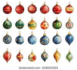 30 vintage Christmas ball ornaments, watercolor clip art isolated on a white background, in a whimsical style, with detailed designs. Christmas decorations, tree toys