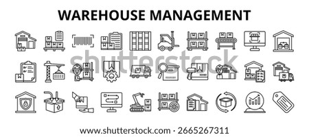 30 Warehouse Management Line Icons Vector - Inventory, Stock Control, Pallet, Conveyor, Packing, Product Labeling, Warehouse Operations