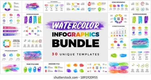 30 Watercolor Infographic presentation templates. Brush strokes banners. Perfect for any industry from business or marketing to drawing and education. Info graphics bundle.