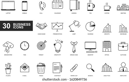 30 web business icons pack. Thin line icons set. Simple vector illustration. Office category.