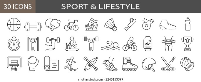 30 web icons in line style Sport and lifestyle . Fitness, entertainment, healthy food, gym, training, workout, muscle, nutrition and dieting.