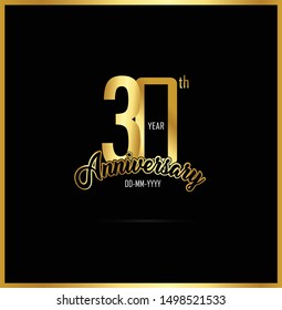 30 year anniversary celebration logotype. anniversary logo with golden color isolated on black background, vector design for celebration, invitation card, and greeting card - Vector