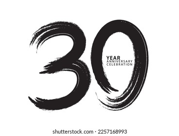 30 year anniversary celebration logotype black paintbrush vector, 30 number design, 30th Birthday invitation, anniversary template, logo number design vector, calligraphy font, typography logo