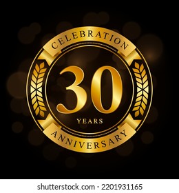 30 Year Anniversary celebration template design, with shiny ring and gold ribbon, laurel wreath isolated on black background, logo vector