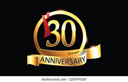 30 Year Anniversary celebration Vector Design with ring and red ribbon. 30th Anniversary celebration. Gold Luxury Banner of 30th Anniversary celebration. thirtieth celebration card. 