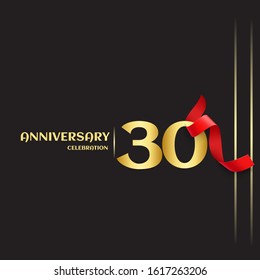 30 year anniversary logo template on black background. golden numbers with red ribbon vector
