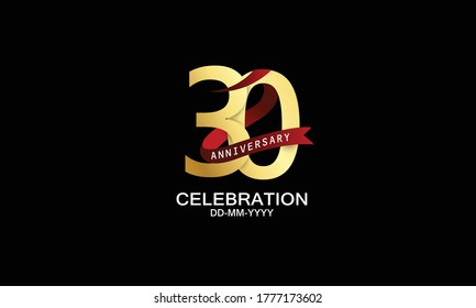 30 year anniversary red ribbon celebration logotype. anniversary logo with Red text and Spark light gold color isolated on black background, design for celebration, invitation - vector
