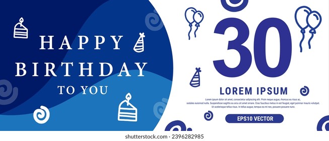 30 year celebration Creative Happy Birthday Text. Blue color decorative banner design, Vector illustration.
