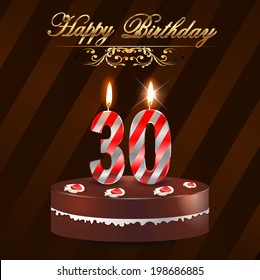 30 Year Happy Birthday Card With Cake And Candles, 30th Birthday - Vector EPS10