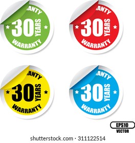 30 Year Warranty Colorful Label And Sticker. Guarantee, Promising To Repair Or Replace Product If Necessary Within A Specified Period Of Time - Vector.