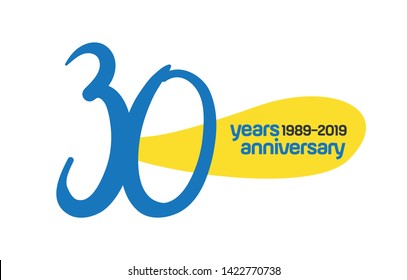 30 years anniversary, 1989-2019, amazing contrast between blue and yellow colors, good chance to celebrate with our symbol style of this 30 years event. -illustration