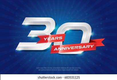 Antecedentes de 30 años con cinta roja y estrella de fondo azul. celebración de logotipo, póster o plantilla de folleto. Ilustración del vector