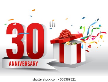 30 years anniversary background with ribbon, confetti and gift on white. Poster or brochure template. Vector illustration.