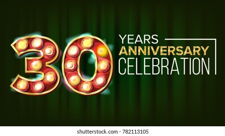 30 Years Anniversary Banner Vector. Thirty, Thirtieth Celebration. 3D Glowing Element Digits. For Invitation Card, Poster Advertising Design. Modern Green Background Illustration