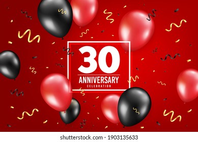 30 years anniversary. Anniversary birthday balloon confetti background. Thirty years celebrating icon. Celebrate red banner. Birthday party balloon background. Age in a frame box. Vector