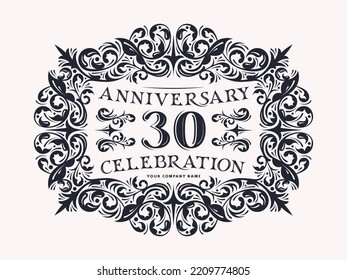 30 years anniversary celebration card with floral ornament in vintage style. Black print on white background. Vector illustration