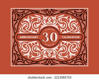 30 years anniversary celebration card with floral ornament in vintage style. Vector illustration