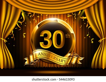 30 years anniversary celebration with gold ribbon. Curtain background and confetti