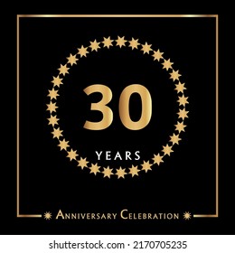 30 years anniversary celebration with golden circle star frame isolated on black background. Creative design for happy birthday, wedding, ceremony, event party, invitation event, and greeting card.