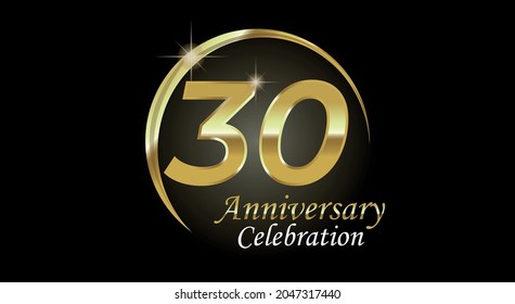 30 years anniversary celebration. Anniversary logo with ring in golden color isolated on black background with golden light, vector design for celebration, invitation card and greeting card