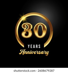 30 years anniversary celebration. Anniversary logo with ring and elegance golden color isolated on black background, Vector Design for Greeting Card and Invitation Card
