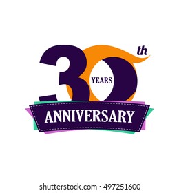 30 years anniversary celebration logo design with decorative ribbon or banner. Happy birthday design of 30th years anniversary celebration. Number 30 template logo with banner / ribbon. 30 years old.